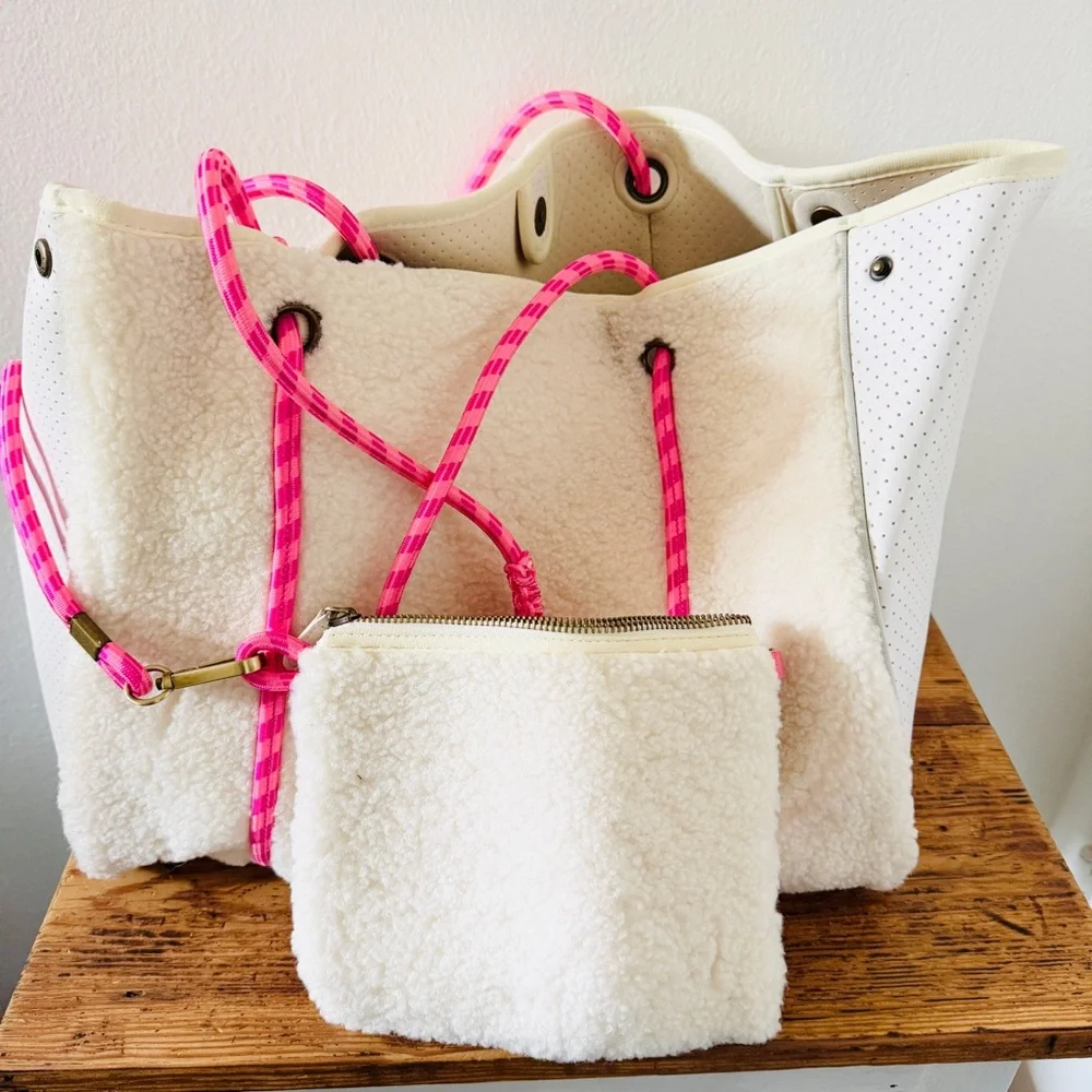 Anthropologie Annie Faux Sherpa Tote Bag in Crema with Pink Cord Handle